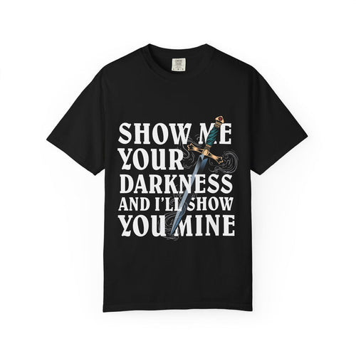 thtgrlreads officially licensed Lady of Darkness & Legacy Series comfort colors graphic tee in vintage black with bold white gothic text and a detailed dagger illustration.