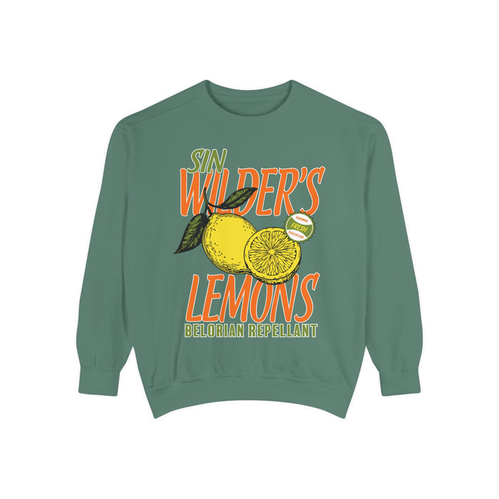 An oversized crewneck sweatshirt from thtgrlreads featuring a vintage-wash Comfort Colors base in muted green with a bold, colorful graphic of lemons and text inspired by the Darkmore Penitentiary collection.