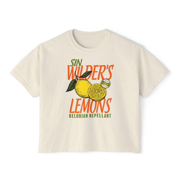 Thtgrlreads Darkmore Penitentiary collection features this vintage wash Comfort Colors crop top with a bold Sin Wilder's Lemons graphic in orange and green, perfect for fans of literary romantasy.