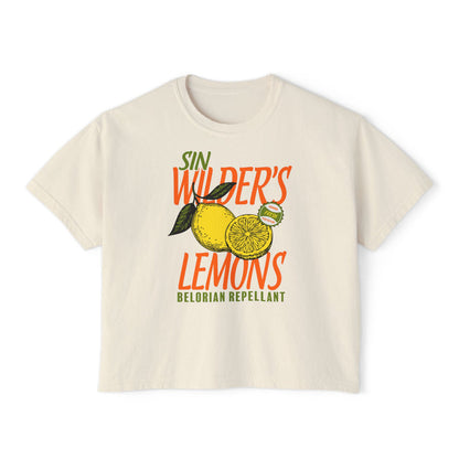 Thtgrlreads Darkmore Penitentiary collection features this vintage wash Comfort Colors crop top with a bold Sin Wilder's Lemons graphic in orange and green, perfect for fans of literary romantasy.