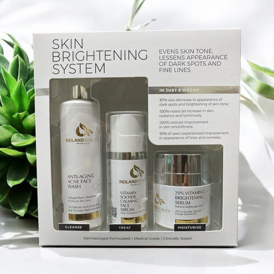 Photo of Reiland Beauty Products Skin Brightening System with cleanser, calming serum, and vitamin C brightening cream in a boxed skincare kit. Designed to even skin tone, reduce dark spots, and improve fine lines in just 6 weeks.