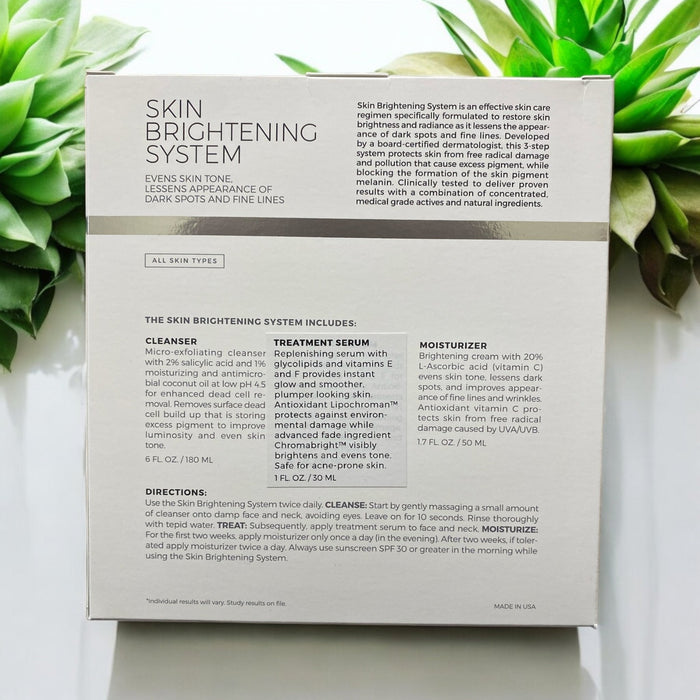 Back of Reiland Advanced Skin Brightening System packaging showing detailed descriptions of the cleanser, treatment serum, and moisturizer, including ingredients like salicylic acid, vitamin C, niacinamide, and Chromabright. Includes directions and key benefits for dark spots, fine lines, and uneven tone.