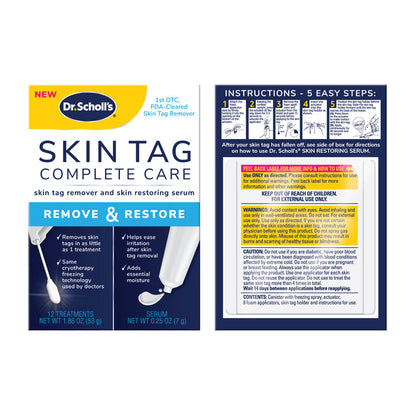 Skin tag remover and restoring serum kit package with instructions panel