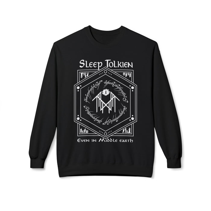 thtgrlreads officially licensed Sleep Tolkien unisex oversized crewneck sweatshirt featuring a white hexagonal design with Elvish script and fantasy-themed graphics on a vintage black Comfort Colors base.