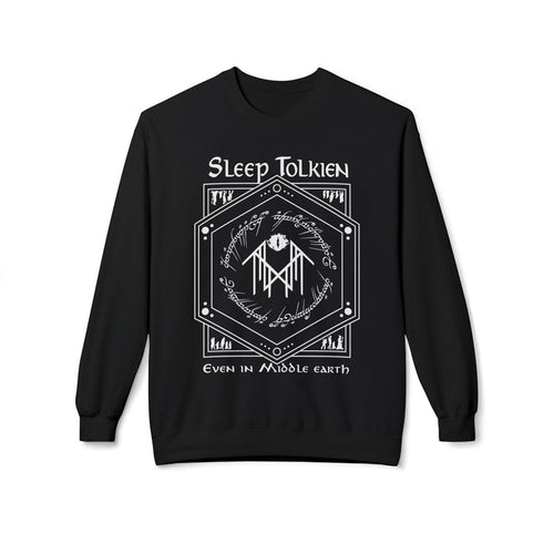 thtgrlreads officially licensed Sleep Tolkien unisex oversized crewneck sweatshirt featuring a white hexagonal design with Elvish script and fantasy-themed graphics on a vintage black Comfort Colors base.