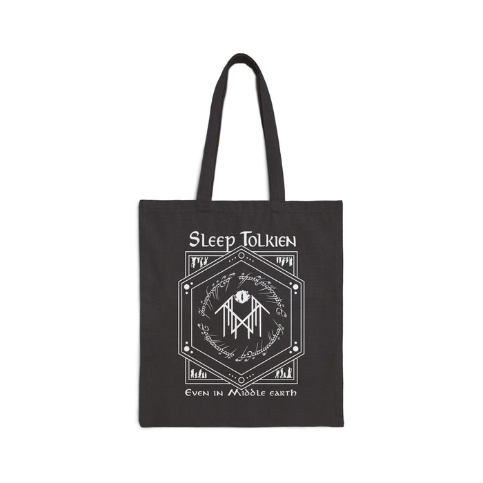 thtgrlreads Off Brand tote bag featuring a black canvas base with white vintage-style graphic text referencing Tolkien and Middle Earth, ideal for fantasy and romantasy fans.