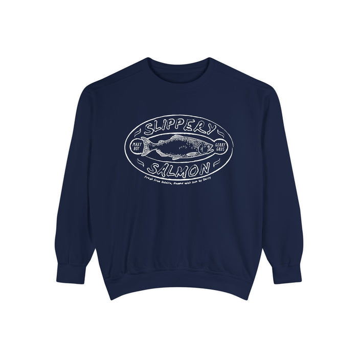 ThTgrlreads Zodiac Academy collection oversized crewneck sweatshirt in vintage navy with white vintage puff print graphic of a salmon and text reading "Slippery Salmon," made from premium Comfort Colors fabric.