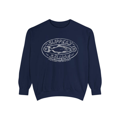 ThTgrlreads Zodiac Academy collection oversized crewneck sweatshirt in vintage navy with white vintage puff print graphic of a salmon and text reading "Slippery Salmon," made from premium Comfort Colors fabric.