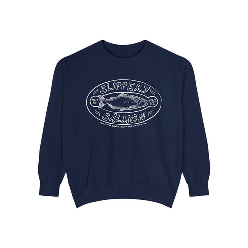 ThTgrlreads Zodiac Academy collection oversized crewneck sweatshirt in vintage navy with white vintage puff print graphic of a salmon and text reading "Slippery Salmon," made from premium Comfort Colors fabric.