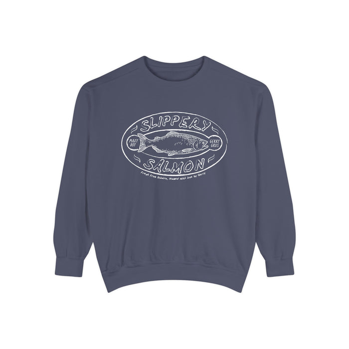 Zodiac Academy crewneck sweatshirt by thtgrlreads featuring a vintage wash blue Comfort Colors fabric with a white vintage puff print graphic of a slippery salmon and retro lettering.