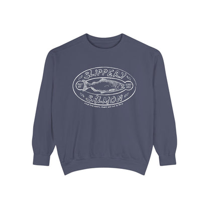 Zodiac Academy crewneck sweatshirt by thtgrlreads featuring a vintage wash blue Comfort Colors fabric with a white vintage puff print graphic of a slippery salmon and retro lettering.