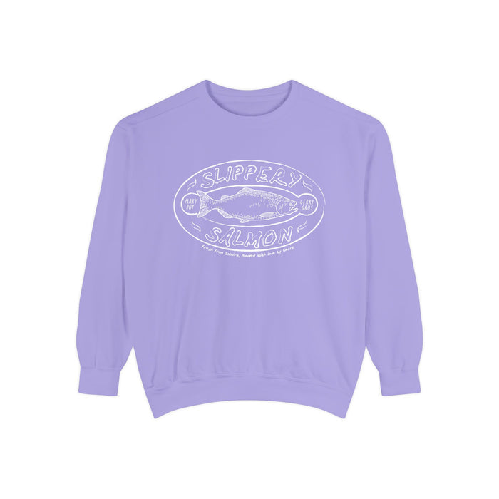 Zodiac Academy-themed oversized crewneck sweatshirt by thtgrlreads in lavender Comfort Colors fabric featuring a vintage-style white graphic of a slippery salmon and playful text from the Crewnecks collection.