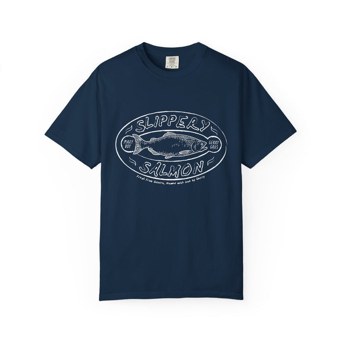 A vintage wash Comfort Colors graphic tee by thtgrlreads featuring a hand-drawn "Slippery Salmon" design in white ink, from the Zodiac Academy collection.