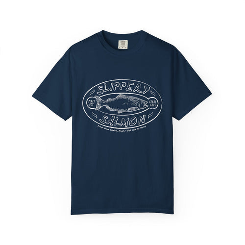 A vintage wash Comfort Colors graphic tee by thtgrlreads featuring a hand-drawn "Slippery Salmon" design in white ink, from the Zodiac Academy collection.
