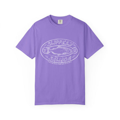 A vintage-wash Comfort Colors graphic tee by thtgrlreads from the Zodiac Academy collection, featuring a whimsical white “Slippery Salmon” print on a soft lavender base.