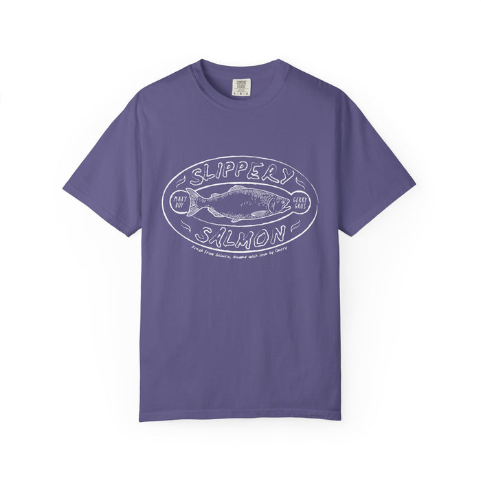 A Zodiac Academy themed Comfort Colors graphic tee by thtgrlreads featuring a vintage-inspired white line art "Slippery Salmon" print on a soft purple unisex cotton fabric.