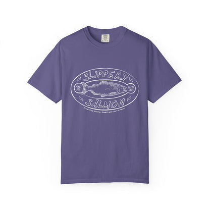 A Zodiac Academy themed Comfort Colors graphic tee by thtgrlreads featuring a vintage-inspired white line art "Slippery Salmon" print on a soft purple unisex cotton fabric.
