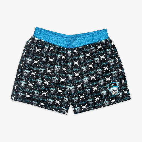 Shorts with a skull and crossbones pattern on a white background