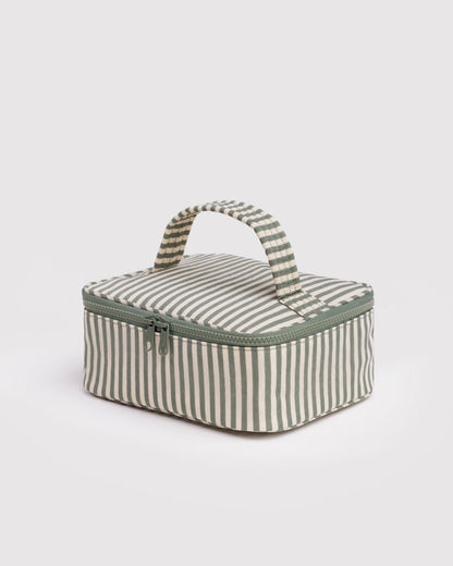 Small cosmetic case, green and cream striped fabric, top handle, zip closure