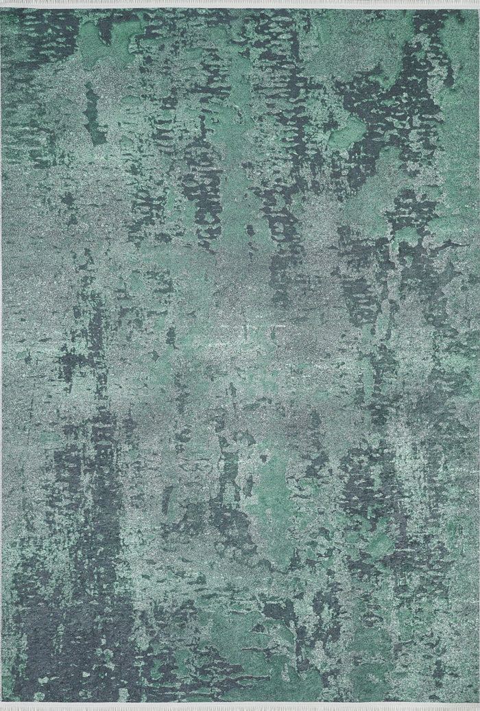 The Smokey Mountains - Washable Rug - JR1631 is a rectangular rug with an abstract green, teal, and gray brushstroke pattern. Its textured look is ideal for high-traffic spaces and easy to clean.
