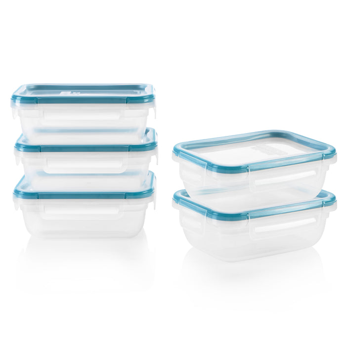 Set of clear food storage containers with blue lids on a white background