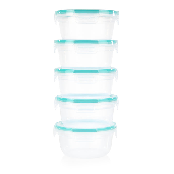 Set of five clear glass containers with teal lids on a white background