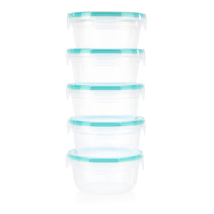 Set of five clear glass containers with teal lids on a white background