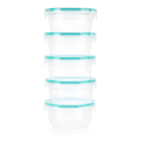 Set of five clear glass containers with teal lids on a white background