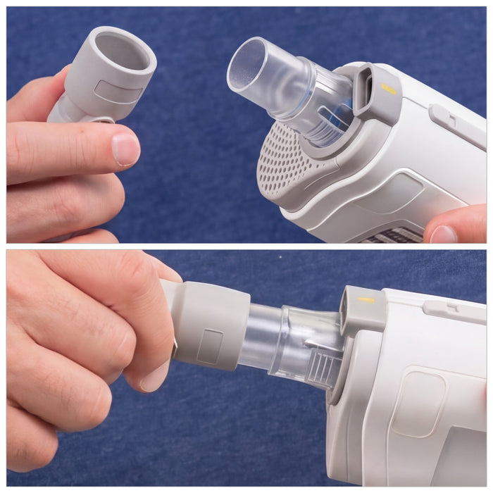 Two views of a handheld device with a clear component being attached by a hand against a blue background.