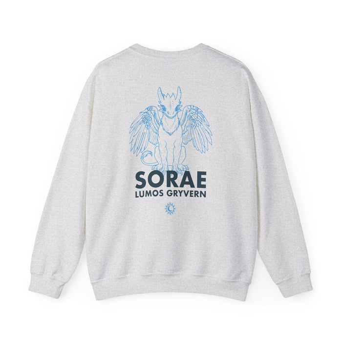 Kindred's Curse Saga crewneck from thtgrlreads featuring a vintage-washed Comfort Colors gray sweatshirt with a blue line art gryvern graphic and bold text printing, offered by Printify.