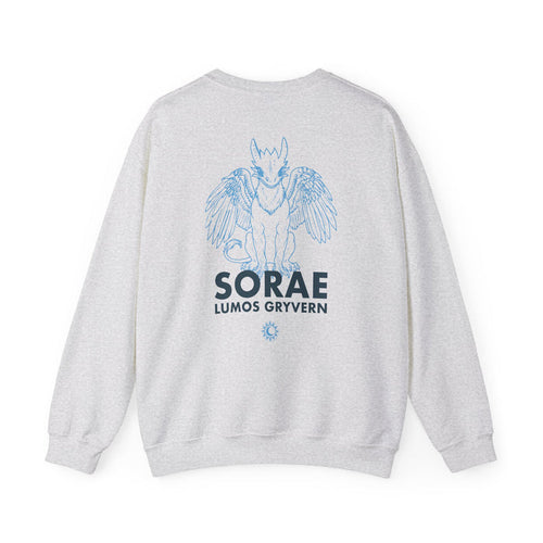 Kindred's Curse Saga crewneck from thtgrlreads featuring a vintage-washed Comfort Colors gray sweatshirt with a blue line art gryvern graphic and bold text printing, offered by Printify.