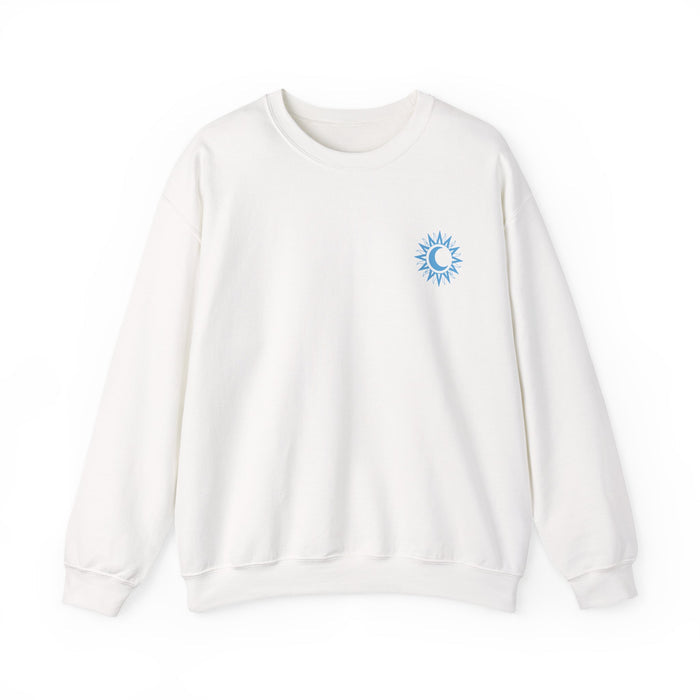 thtgrlreads Kindred's Curse Saga crewneck featuring a white Comfort Colors oversized sweatshirt with a blue sun and crescent moon graphic, from Printify's Crewnecks collection.