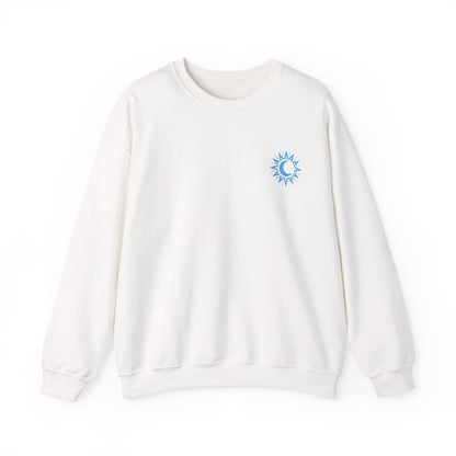 thtgrlreads Kindred's Curse Saga crewneck featuring a white Comfort Colors oversized sweatshirt with a blue sun and crescent moon graphic, from Printify's Crewnecks collection.