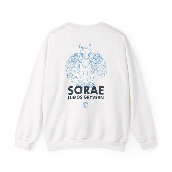 Kindred's Curse Saga crewneck from thtgrlreads featuring a blue line art gryvern graphic with "Sorae Lumos Gryvern" text on soft white Comfort Colors fabric by Printify.