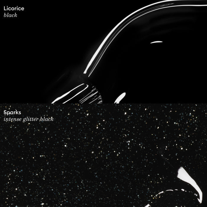 Two nail polish swatches are shown on a dark background: Licorice black (solid glossy black) and Manucurist Sparks (black gel polish with intense multicolored glitter), both displayed with a glossy finish.