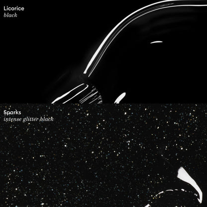Two nail polish swatches are shown on a dark background: Licorice black (solid glossy black) and Manucurist Sparks (black gel polish with intense multicolored glitter), both displayed with a glossy finish.