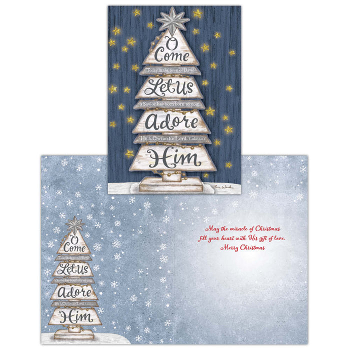 Christmas card with wooden tree design and text on a blue background