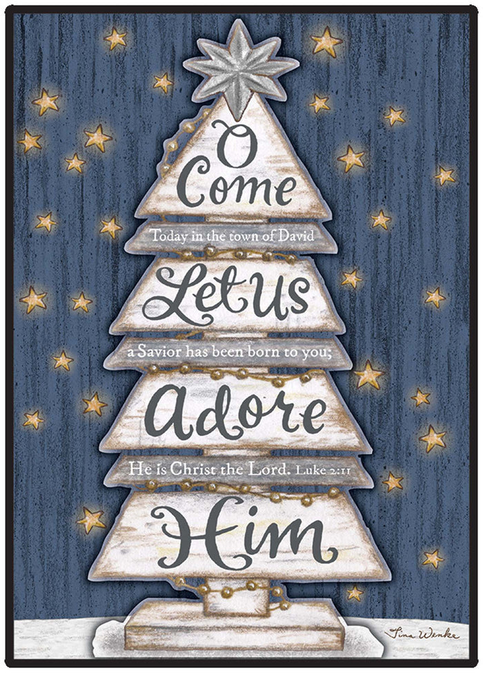 Decorative Christmas tree with text on a blue background with stars