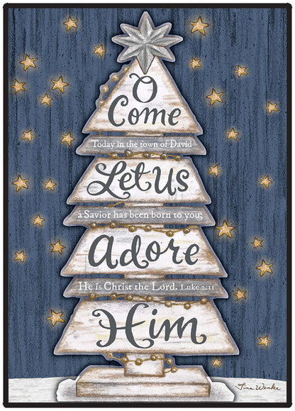 Decorative Christmas tree with text on a blue background with stars