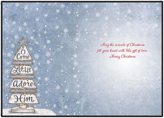 Christmas card with wooden Christmas tree design and snowflake background