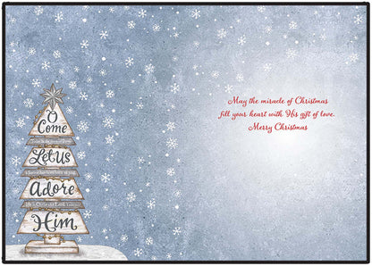 Christmas card with wooden Christmas tree design and snowflake background