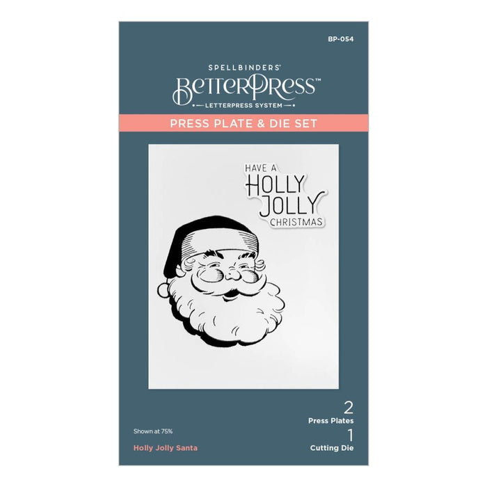 Spellbinders - Better Press Plates &amp; Die Set - Holly Jolly Santa. From the More BetterPress Christmas Collection with two press plates of a sweet and jolly Santa face and the perfect sentiment makes a great pair! Available at Embellish Away located in Bowmanville Ontario Canada.