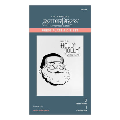 Spellbinders - Better Press Plates &amp; Die Set - Holly Jolly Santa. From the More BetterPress Christmas Collection with two press plates of a sweet and jolly Santa face and the perfect sentiment makes a great pair! Available at Embellish Away located in Bowmanville Ontario Canada.