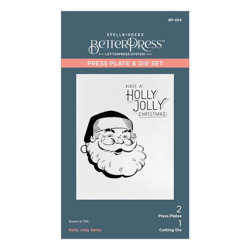 Spellbinders - Better Press Plates &amp; Die Set - Holly Jolly Santa. From the More BetterPress Christmas Collection with two press plates of a sweet and jolly Santa face and the perfect sentiment makes a great pair! Available at Embellish Away located in Bowmanville Ontario Canada.