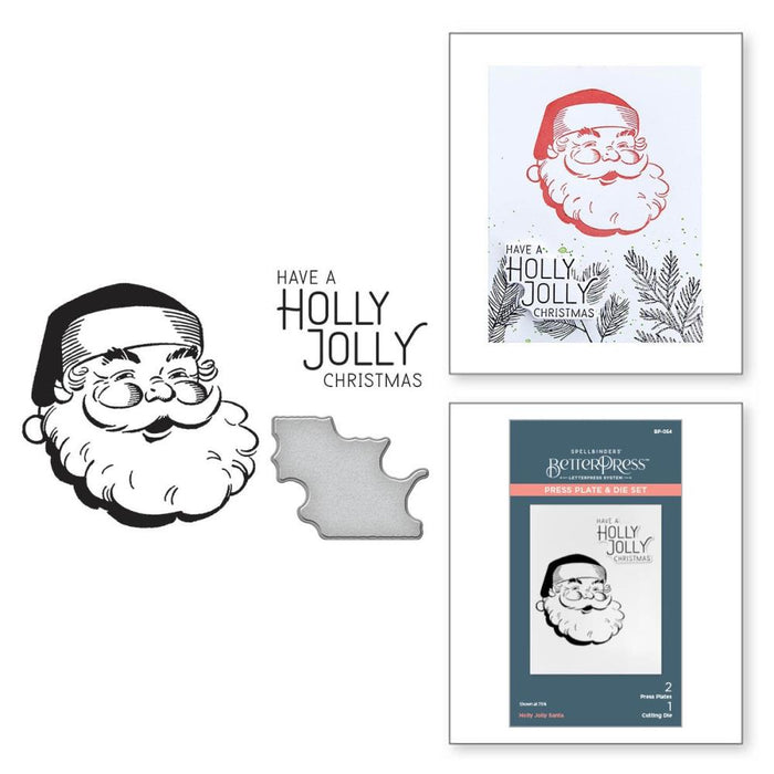 Spellbinders - Better Press Plates &amp; Die Set - Holly Jolly Santa. From the More BetterPress Christmas Collection with two press plates of a sweet and jolly Santa face and the perfect sentiment makes a great pair! Available at Embellish Away located in Bowmanville Ontario Canada.