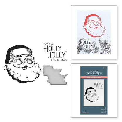 Spellbinders - Better Press Plates &amp; Die Set - Holly Jolly Santa. From the More BetterPress Christmas Collection with two press plates of a sweet and jolly Santa face and the perfect sentiment makes a great pair! Available at Embellish Away located in Bowmanville Ontario Canada.