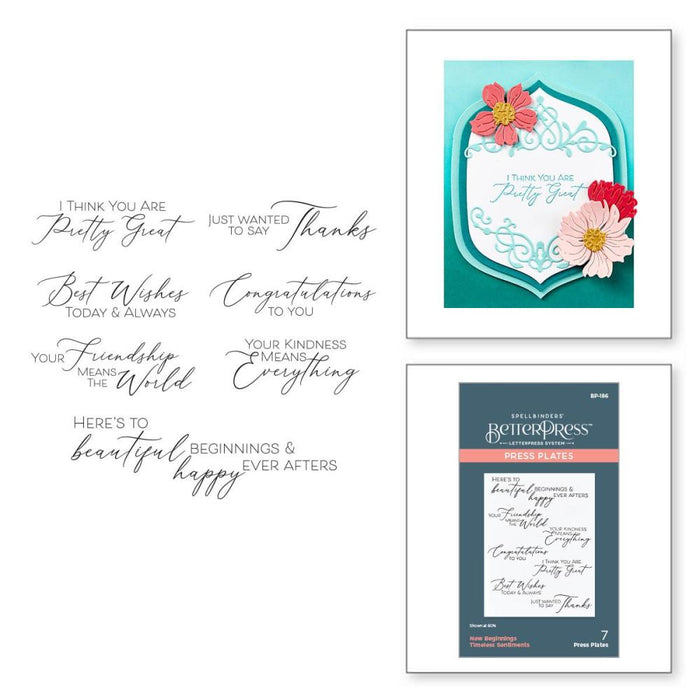 Spellbinders - BetterPress Press Plate - New Beginnings Timeless. Sentiments are expressions of love, friendship, gratitude and more! Available at Embellish Away located in Bowmanville Ontario Canada.