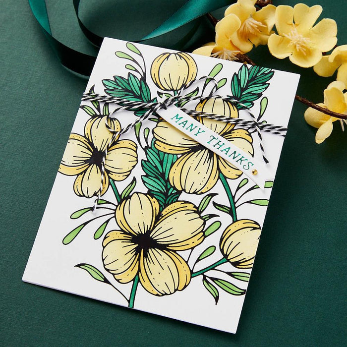 Spellbinders - Glimmer Plate And Stencil Bundle - Glimmering Buttercups. Glimmering Buttercups Glimmering Plate and Stencil Bundle is part of the Glimmering Flowers Collection. Available at Embellish Away located in Bowmanville Ontario Canada. Example by brand ambassador.