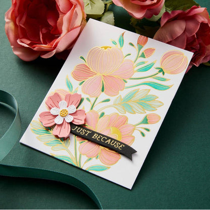 Spellbinders - Glimmer Plate And Stencil Bundle - Glimmering Peonies. Glimmering Peonies Glimmer Plate and Stencil Bundle is part of the Glimmering Flowers Collection. Available at Embellish Away located in Bowmanville Ontario Canada. Example by brand ambassador.
