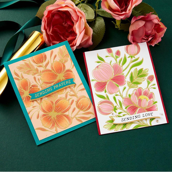Spellbinders - Glimmer Plate And Stencil Bundle - Glimmering Peonies. Glimmering Peonies Glimmer Plate and Stencil Bundle is part of the Glimmering Flowers Collection. Available at Embellish Away located in Bowmanville Ontario Canada. Example by brand ambassador.